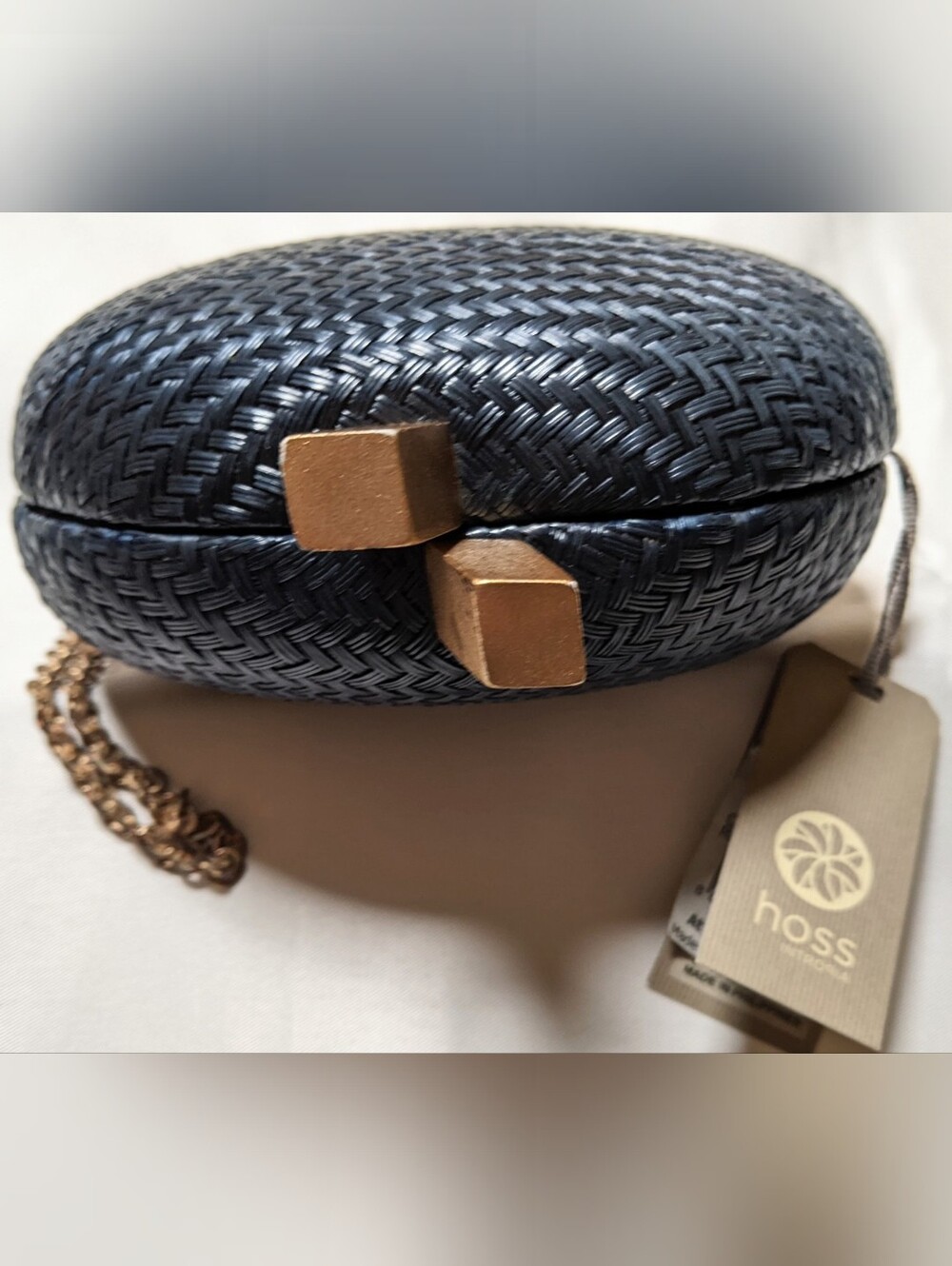 Nwt Hoss Intropia Dark Blue Raffia Crossbody Brass Tone Hardware Round Shaped - Picture 3 of 8